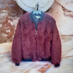 Say What? Burgundy Faux Fur Bomber Jacket Women's Sz M Juniors Sz L Black Trim